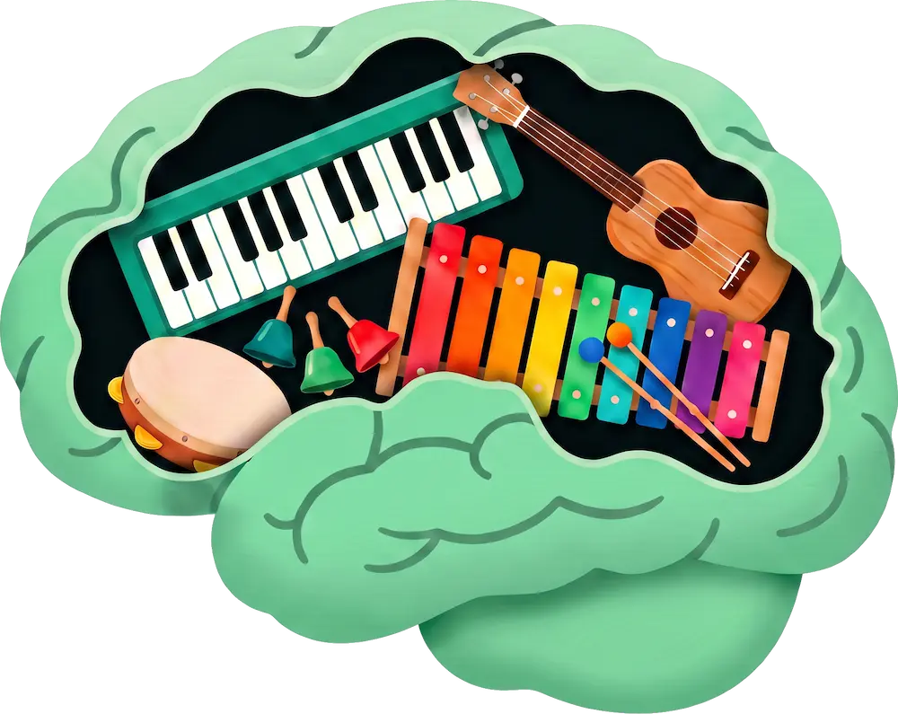 playful brain image showing musical instruments